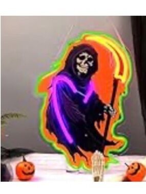 Neon Grim Reaper Halloween Wall Decal - Black, Purple, Orange Neon Sign light up